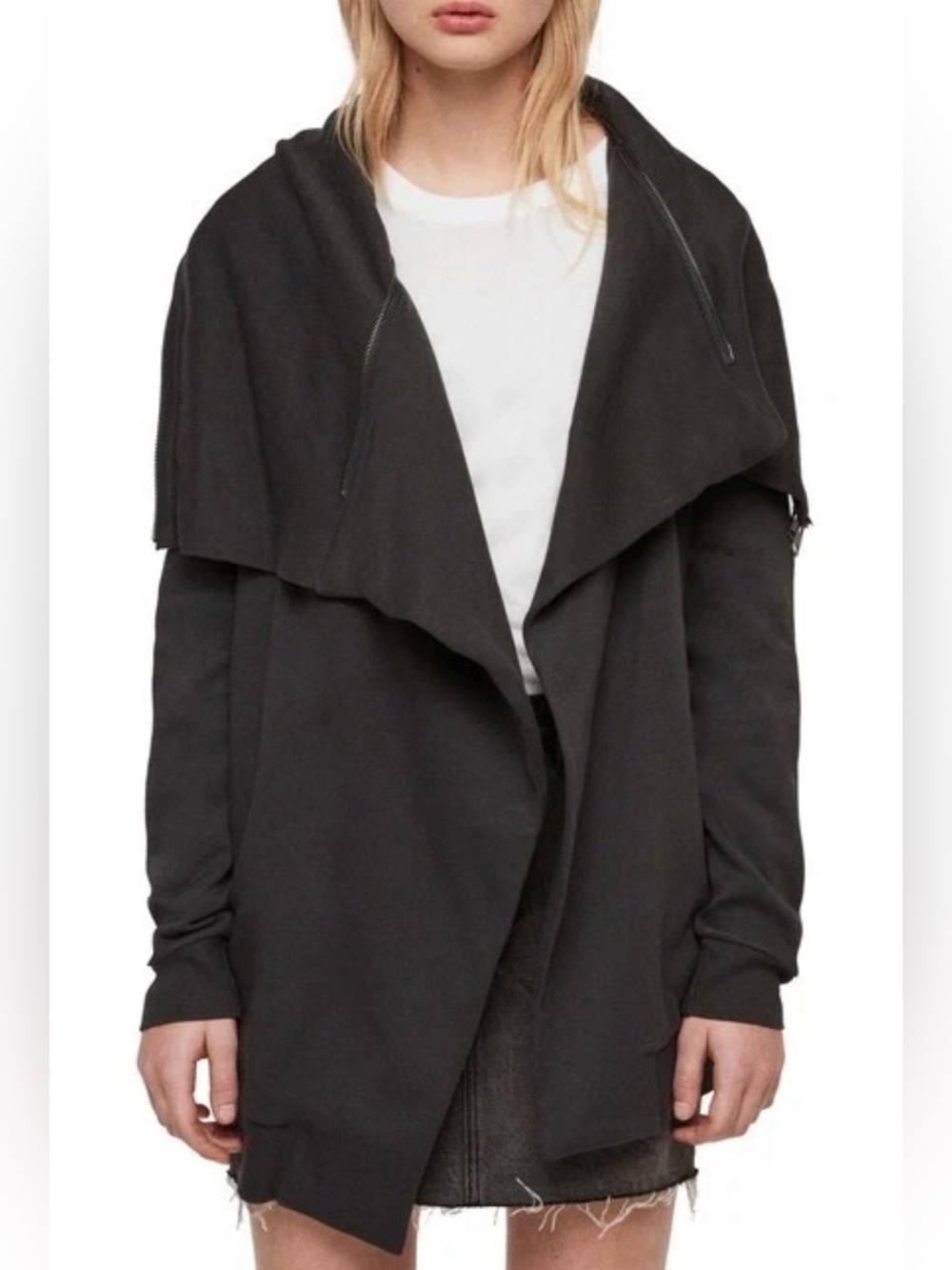 All Saints Dahlia Black Cardigan/Jacket Waterfall Collar, Zipper Detail, Small